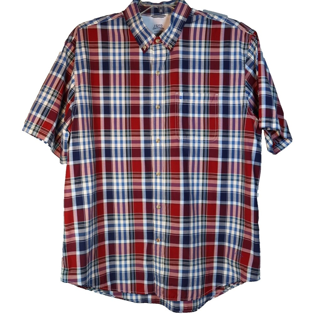 Izod Saltwater Mens Shirt Sz XL Relaxed Classic S/S Button Down Red & Navy Plaid